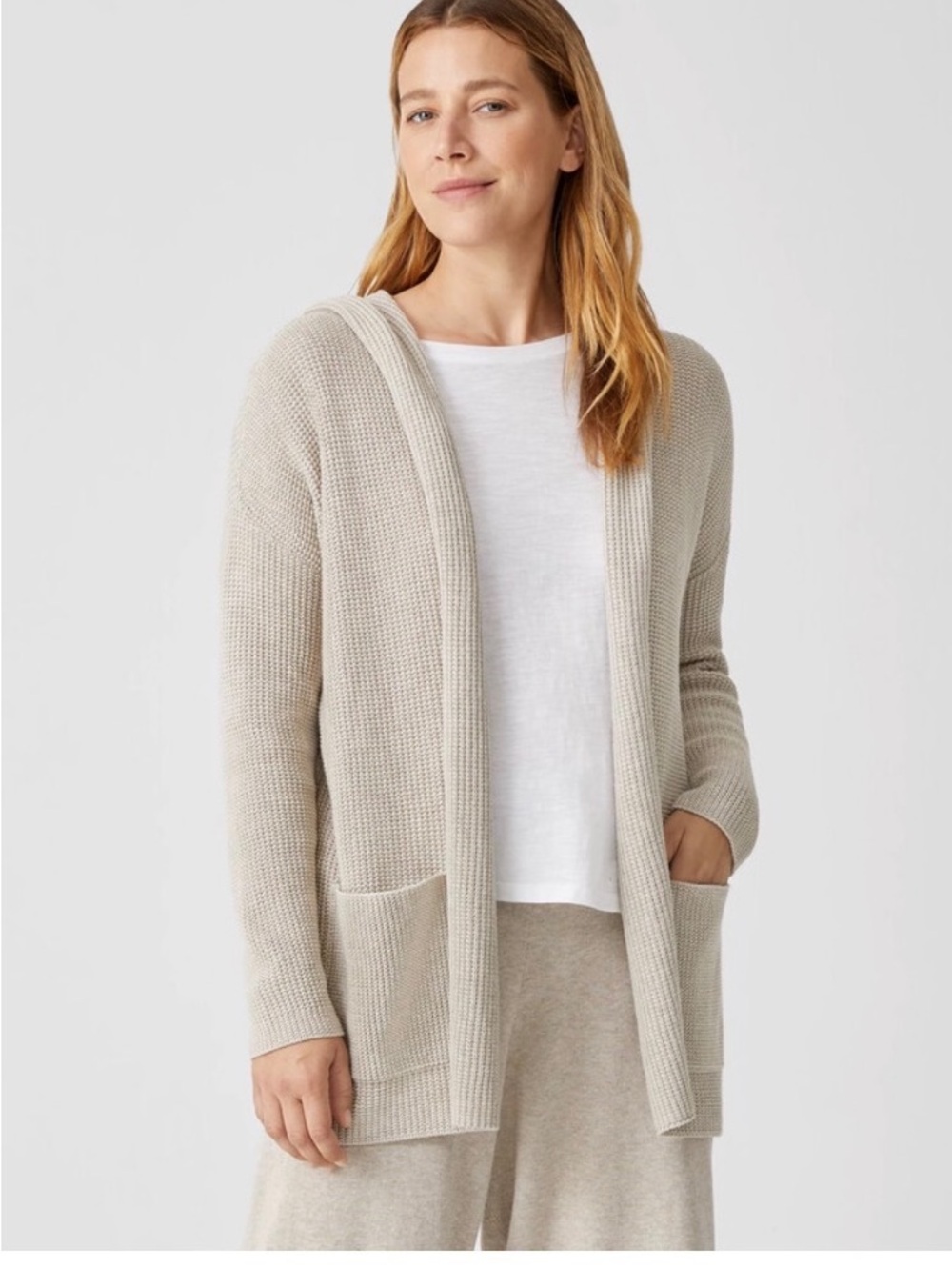 Eileen Fisher Hooded Open-Front Cardigan in Light Beige